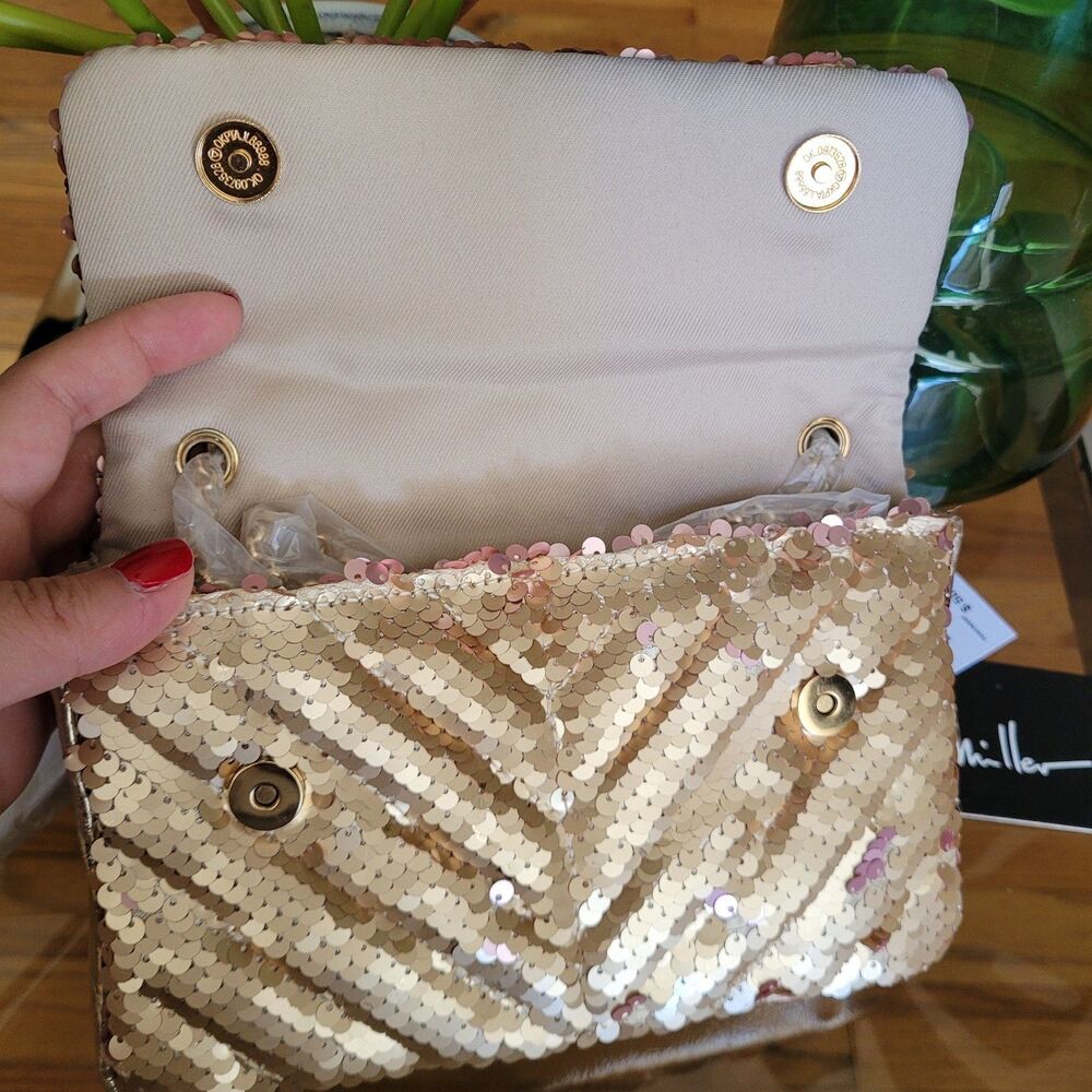Nicole Miller Gold Quilted Sequin Mini Bag with Chain Strap Purse Crossbody NWT - Picture 10 of 10